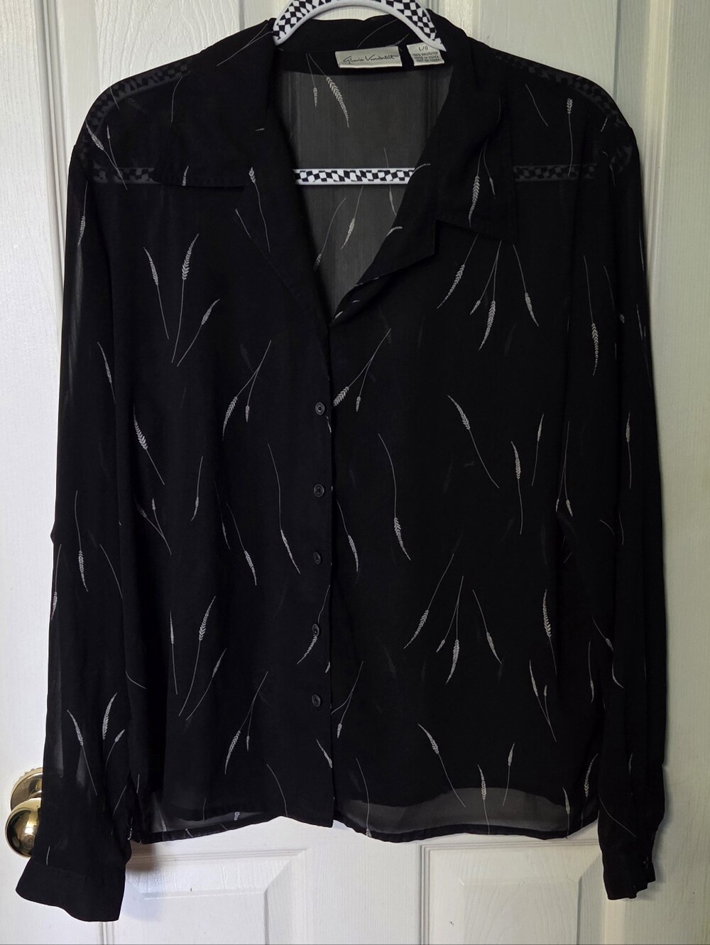 Gloria Vanderbilt Black Sheer Button-Up Blouse with White Feather Print